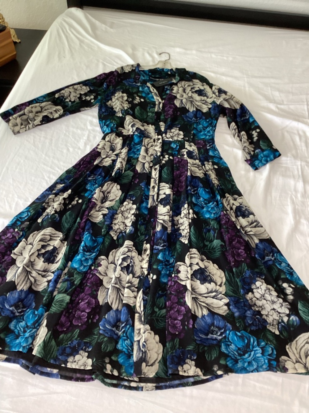 NWT “Audrey” Floral Dress in Black, Blue & Purple